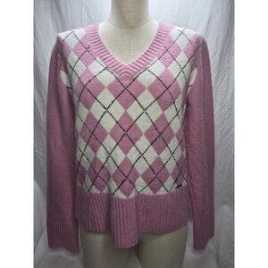 Point Zero XL Nicole Benisti Pink And White Argyle Sweater- Y2K- XL fits Smaller